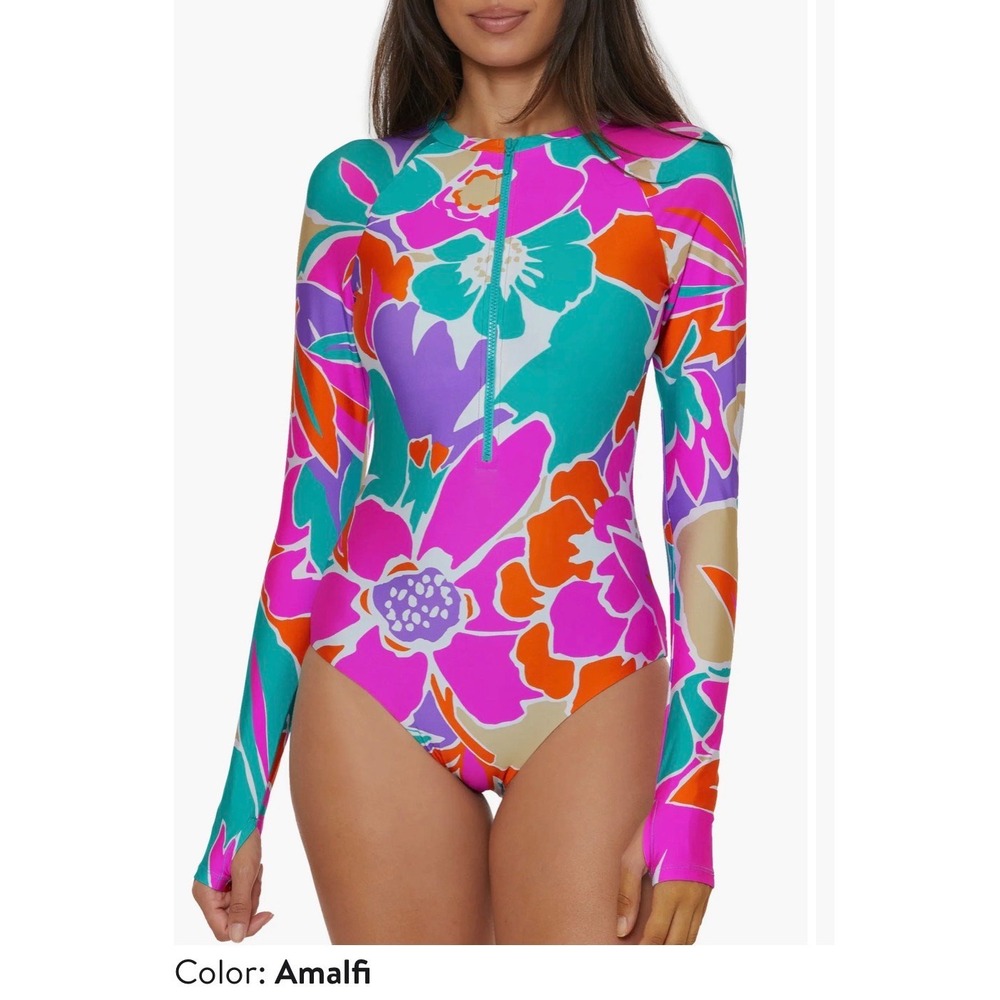 Trina Turk One Piece Rashguard Large Amalfi New Floral Long Sleeve Zip Front